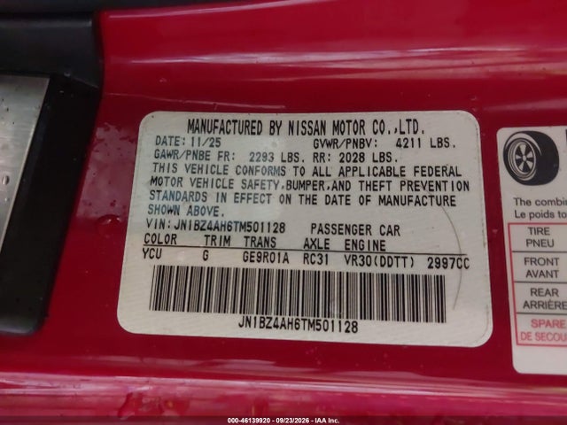 Aukcja sprzedaży 2026 Nissan Z Sport, vin: JN1BZ4AH6TM501128, numer aukcji: 46139920