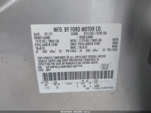 Aukcja sprzedaży 2017 Ford Edge Sel, vin: 2FMPK3J95HBC42778, numer aukcji: 46139945