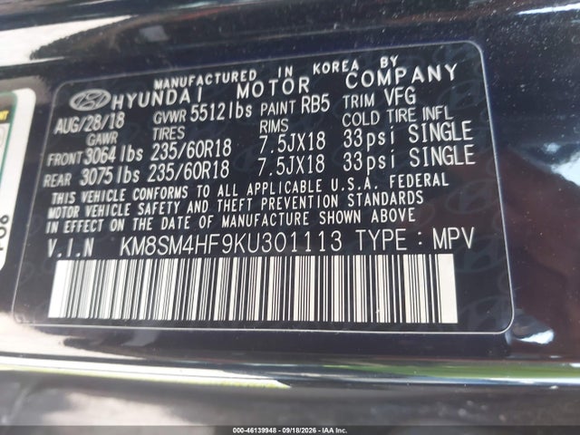 Продажа на аукционе авто 2019 Hyundai Santa Fe Xl Se, vin: KM8SM4HF9KU301113, номер лота: 46139948