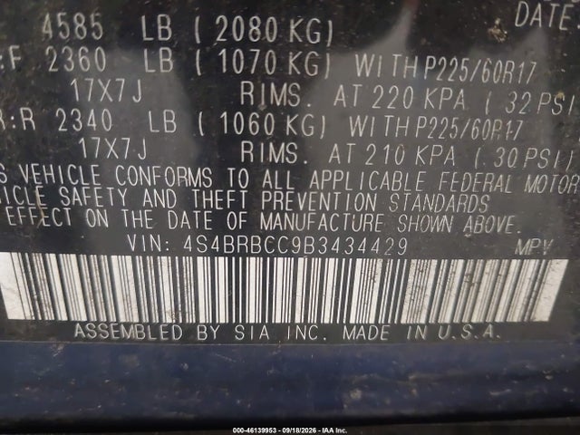 2011 Subaru Outback 2.5i Premium მანქანა იყიდება აუქციონზე, vin: 4S4BRBCC9B3434429, აუქციონის ნომერი: 46139953