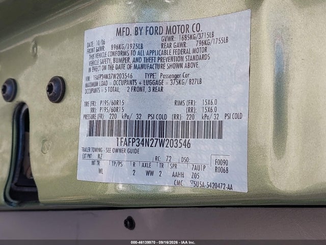 2007 Ford Focus S/se/ses მანქანა იყიდება აუქციონზე, vin: 1FAFP34N27W203546, აუქციონის ნომერი: 46139970