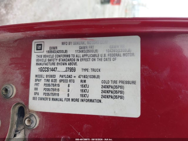 46139975 :رقم المزاد ، 1GCCS1447WK207959 vin ، 1998 Chevrolet S-10 Ls Fleetside مزاد بيع