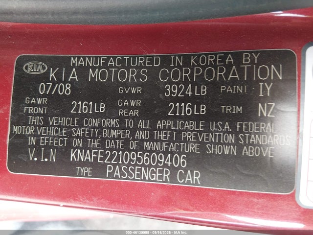 Aukcja sprzedaży 2009 Kia Spectra Ex, vin: KNAFE221095609406, numer aukcji: 46139988