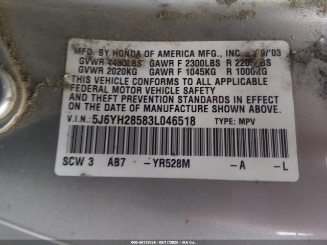 46139996 :رقم المزاد ، 5J6YH28583L046518 vin ، 2003 Honda Element Ex مزاد بيع