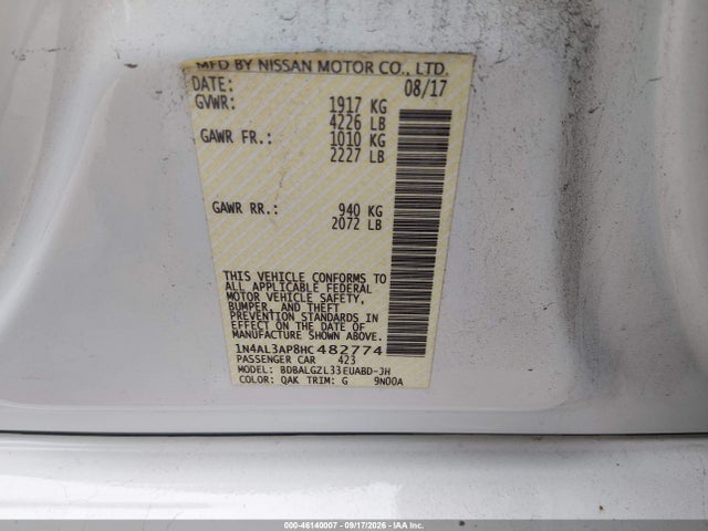 Aukcja sprzedaży 2017 Nissan Altima 2.5 S, vin: 1N4AL3AP8HC482774, numer aukcji: 46140007