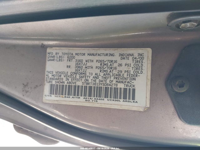 Продажа на аукционе авто 2000 Toyota Tundra Ltd V8, vin: 5TBRT3813YS084278, номер лота: 46140017