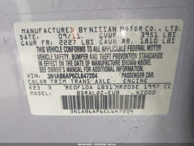 Продажа на аукционе авто 2012 Nissan Sentra 2.0, vin: 3N1AB6AP6CL647204, номер лота: 46140021