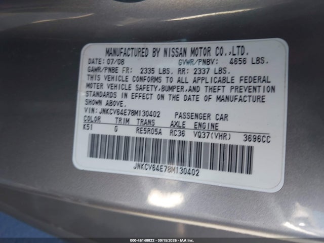 46140022 :رقم المزاد ، JNKCV64E78M130402 vin ، 2008 Infiniti G37 Journey مزاد بيع