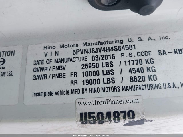 2017 Hino 258/268 მანქანა იყიდება აუქციონზე, vin: 5PVNJ8JV4H4S64581, აუქციონის ნომერი: 46140033