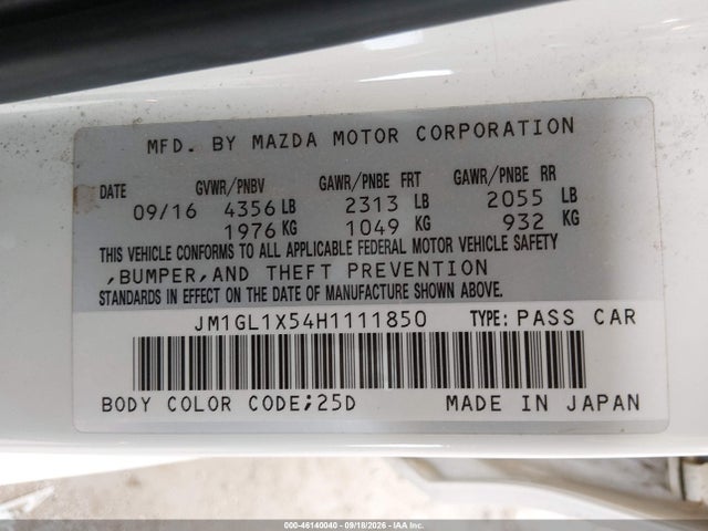 46140040 :رقم المزاد ، JM1GL1X54H1111850 vin ، 2017 Mazda Mazda6 Grand Touring مزاد بيع