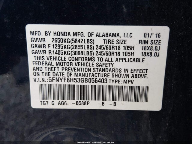 46140067 :رقم المزاد ، 5FNYF6H53GB056403 vin ، 2016 Honda Pilot Ex-l مزاد بيع