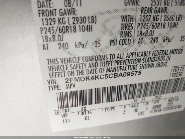 Продаж на аукціоні авто 2012 Ford Edge Limited, vin: 2FMDK4KC5CBA09575, номер лоту: 46140068