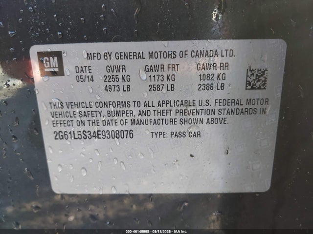 46140069 :رقم المزاد ، 2G61L5S34E9308076 vin ، 2014 Cadillac Xts Standard مزاد بيع