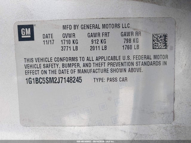 2018 Chevrolet Cruze Ls Auto მანქანა იყიდება აუქციონზე, vin: 1G1BC5SM2J7148245, აუქციონის ნომერი: 46140082