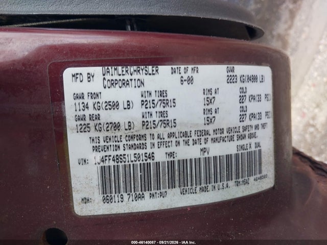 46140087 :رقم المزاد ، 1J4FF48S51L501546 vin ، 2001 Jeep Cherokee Sport مزاد بيع