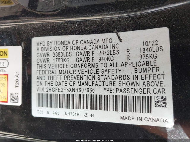 2HGFE2F5XNH607666 Honda Civic Sport