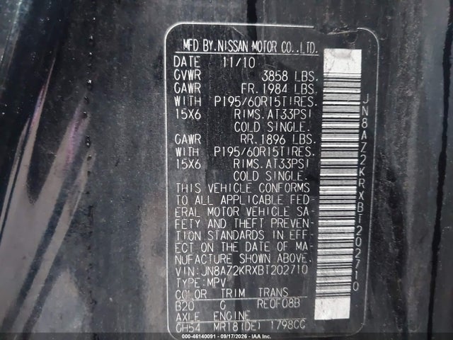 2011 Nissan Cube 1.8s მანქანა იყიდება აუქციონზე, vin: JN8AZ2KRXBT202710, აუქციონის ნომერი: 46140091