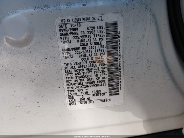 Продаж на аукціоні авто 2019 Nissan Rogue Sv, vin: JN8AT2MV2KW383411, номер лоту: 46140094