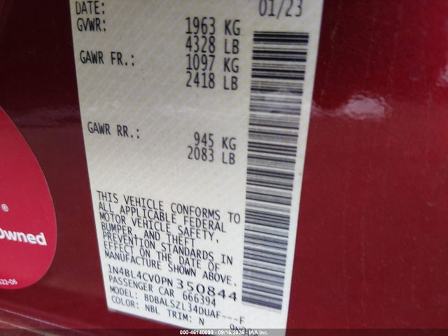 1N4BL4CV0PN350844 Nissan Altima Sr Fwd