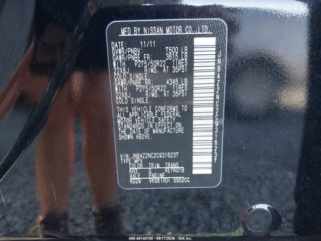 Aukcja sprzedaży 2012 Infiniti Qx56, vin: JN8AZ2NC2C9316237, numer aukcji: 46140108