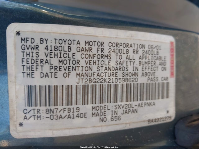 Продаж на аукціоні авто 2001 Toyota Camry Le, vin: JT2BG22K210598620, номер лоту: 46140135