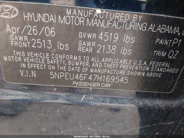 46140142 :رقم المزاد ، 5NPEU46F47H169545 vin ، 2007 Hyundai Sonata Limited/se V6 مزاد بيع
