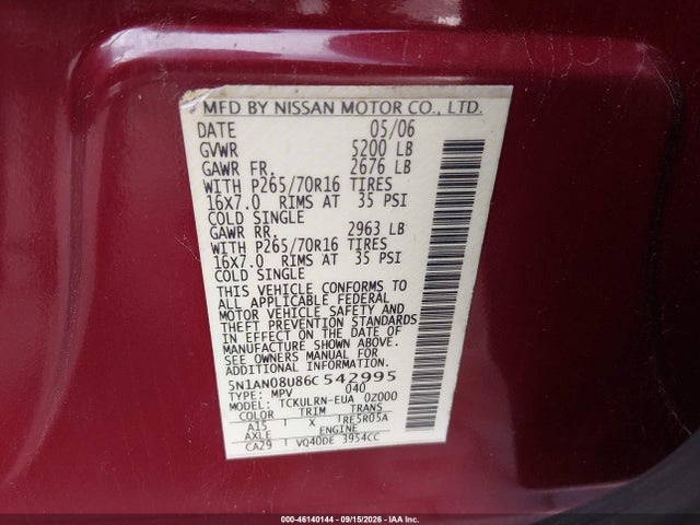 Продажа на аукционе авто 2006 Nissan Xterra S, vin: 5N1AN08U86C542995, номер лота: 46140144