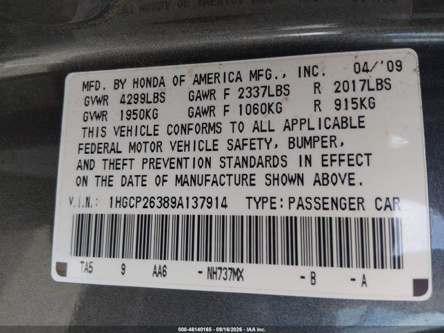 2009 Honda Accord 2.4 Lx მანქანა იყიდება აუქციონზე, vin: 1HGCP26389A137914, აუქციონის ნომერი: 46140165