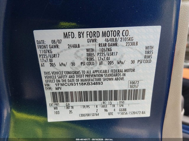 2008 Ford Escape Xlt მანქანა იყიდება აუქციონზე, vin: 1FMCU93118KB34893, აუქციონის ნომერი: 46140177