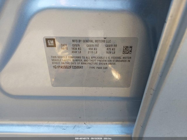 2015 Chevrolet Cruze Ls Auto მანქანა იყიდება აუქციონზე, vin: 1G1PA5SG2F7258841, აუქციონის ნომერი: 46140178