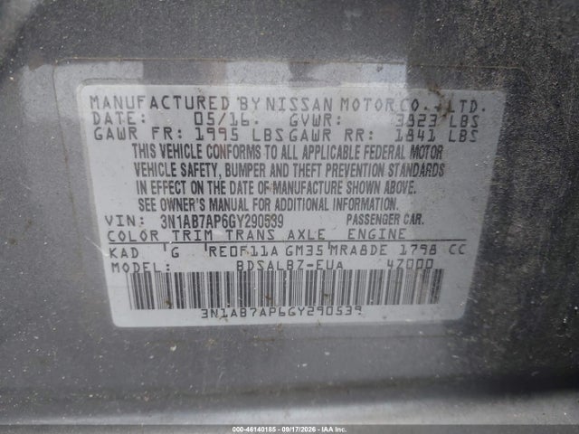 Auction sale of the 2016 Nissan Sentra S, vin: 3N1AB7AP6GY290539, lot number: 46140185