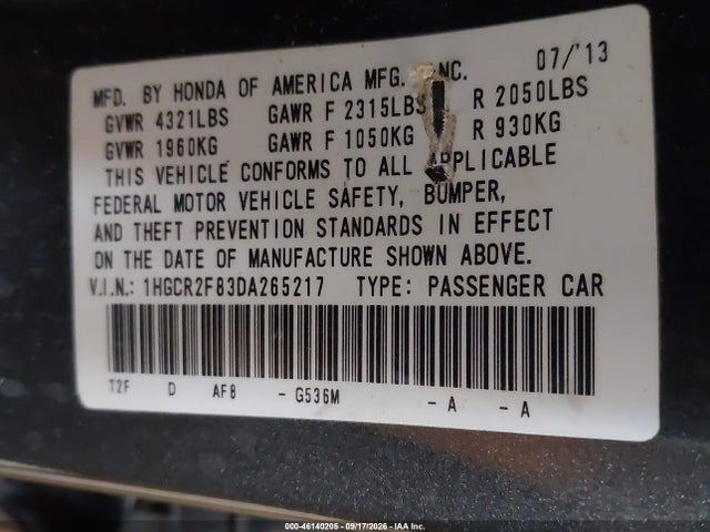 Aukcja sprzedaży 2013 Honda Accord Ex-l, vin: 1HGCR2F83DA265217, numer aukcji: 46140205