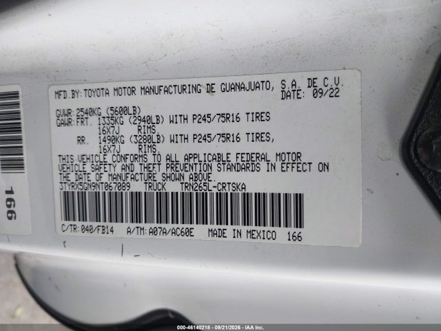 Toyota Tacoma Sr 2022 3TYRX5GN9NT067089 Image 9