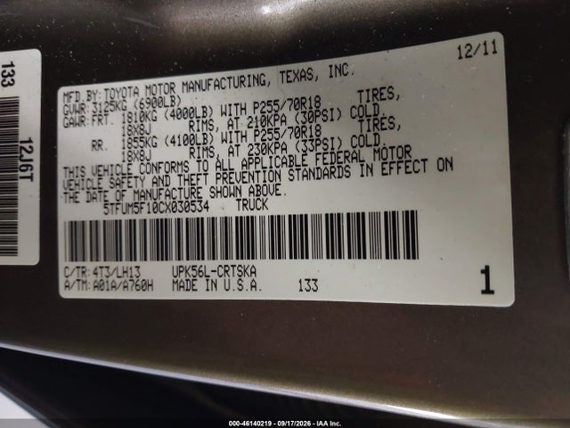 Aukcja sprzedaży 2012 Toyota Tundra Grade 4.6l V8, vin: 5TFUM5F10CX030534, numer aukcji: 46140219