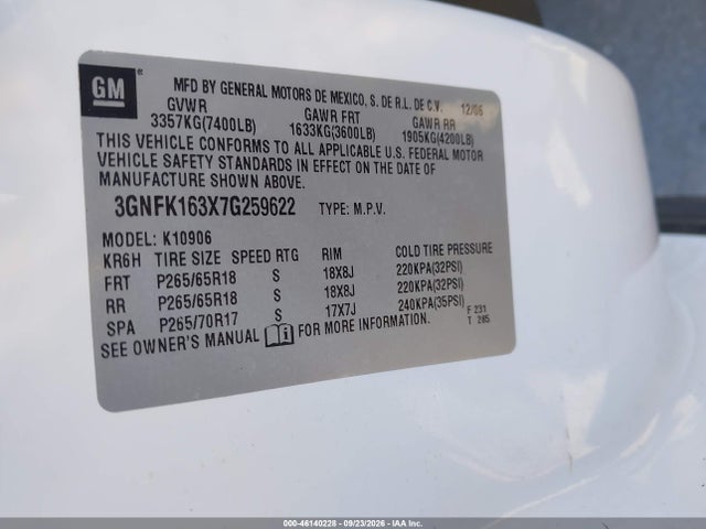 46140228 :رقم المزاد ، 3GNFK163X7G259622 vin ، 2007 Chevrolet Suburban Lt مزاد بيع
