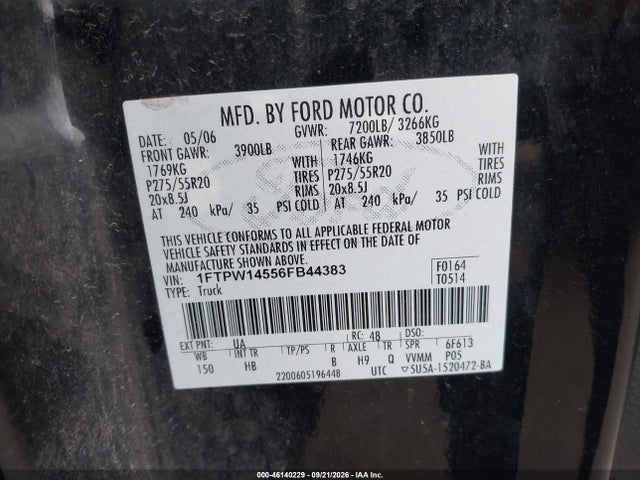 46140229 :رقم المزاد ، 1FTPW14556FB44383 vin ، 2006 Ford F-150 Fx4/lariat/xlt مزاد بيع