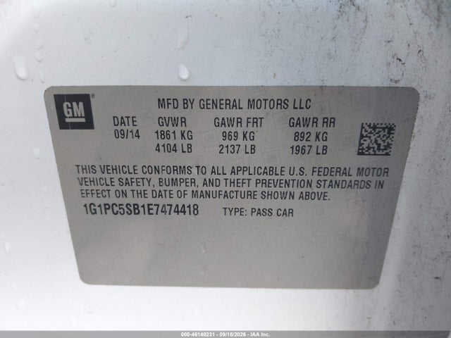 2014 Chevrolet Cruze 1lt Auto მანქანა იყიდება აუქციონზე, vin: 1G1PC5SB1E7474418, აუქციონის ნომერი: 46140231