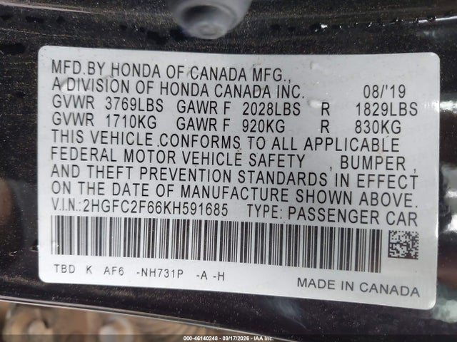 Aukcja sprzedaży 2019 Honda Civic Lx, vin: 2HGFC2F66KH591685, numer aukcji: 46140248