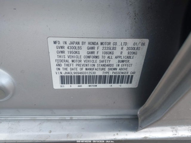 2006 Acura Tsx მანქანა იყიდება აუქციონზე, vin: JH4CL96946C012530, აუქციონის ნომერი: 46140256