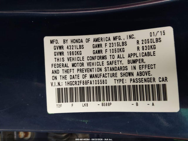 2015 Honda Accord Ex-l მანქანა იყიდება აუქციონზე, vin: 1HGCR2F88FA105580, აუქციონის ნომერი: 46140264