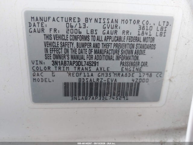 46140267 :رقم المزاد ، 3N1AB7AP3DL745291 vin ، 2013 Nissan Sentra Sr مزاد بيع