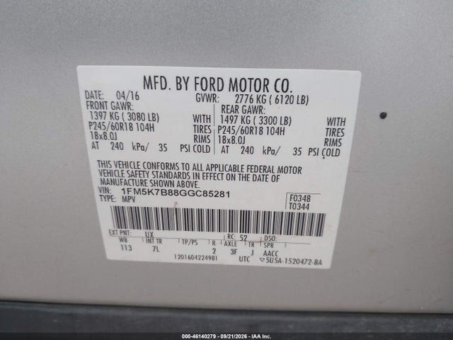 Aukcja sprzedaży 2016 Ford Explorer, vin: 1FM5K7B88GGC85281, numer aukcji: 46140279