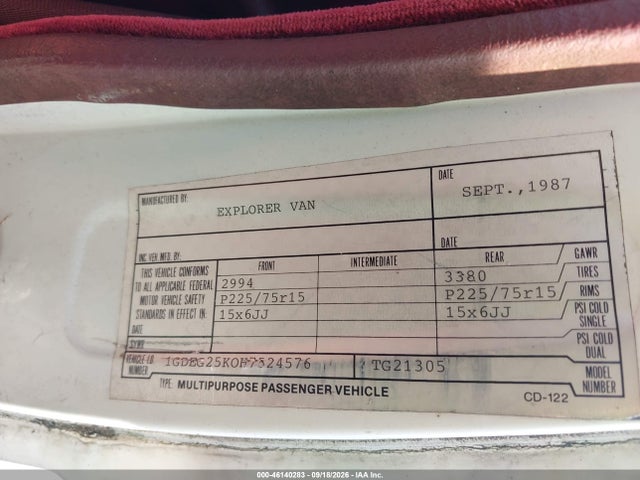 Aukcja sprzedaży 1987 Gmc Rally Wagon / Van G2500, vin: 1GDEG25K0H7524576, numer aukcji: 46140283