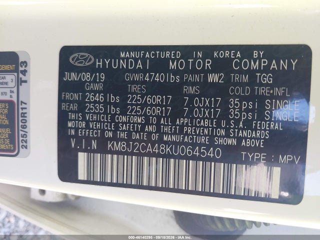 Продаж на аукціоні авто 2019 Hyundai Tucson Se, vin: KM8J2CA48KU064540, номер лоту: 46140295