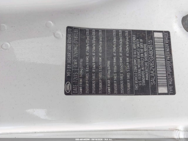 46140296 :رقم المزاد ، SALAK2V62GA804515 vin ، 2016 Land Rover Lr4 مزاد بيع