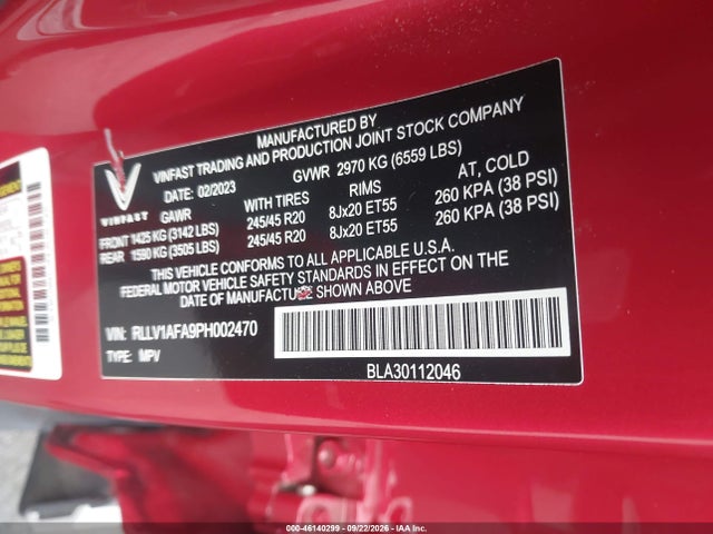 Продажа на аукционе авто 2023 Vinfast Vf 8 Plus, vin: RLLV1AFA9PH002470, номер лота: 46140299