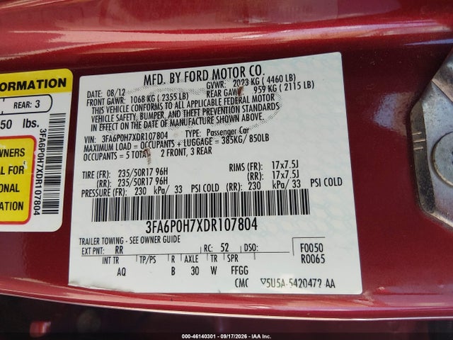 Aukcja sprzedaży 2013 Ford Fusion Se, vin: 3FA6P0H7XDR107804, numer aukcji: 46140301