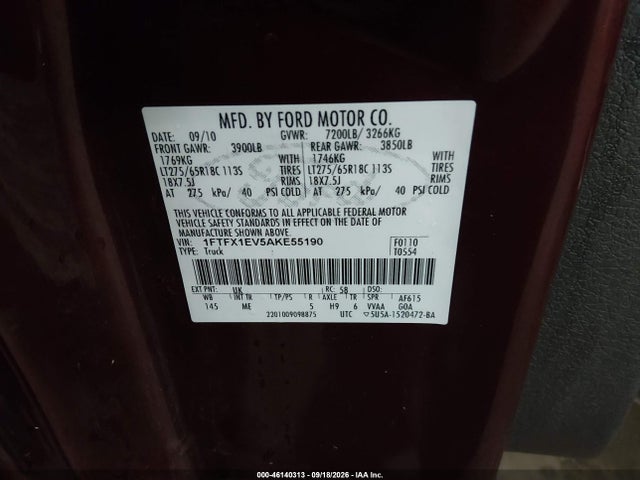 2010 Ford F-150 Fx4/lariat/xl/xlt მანქანა იყიდება აუქციონზე, vin: 1FTFX1EV5AKE55190, აუქციონის ნომერი: 46140313