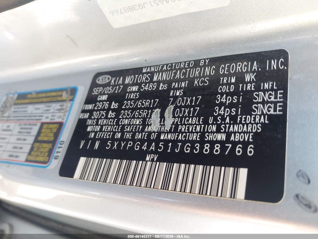 Продажа на аукционе авто 2018 Kia Sorento 3.3l Lx, vin: 5XYPG4A51JG388766, номер лота: 46140331