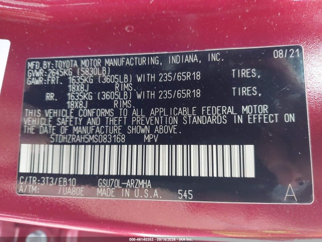 Toyota Highlander Xle 2021 5TDHZRAH5MS083168 Image 9